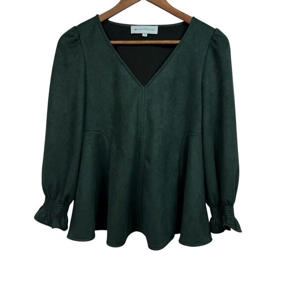 TUCKERNUCK Faux Suede Easton Blouse Ruffle Cuff Vegan Green Size Small